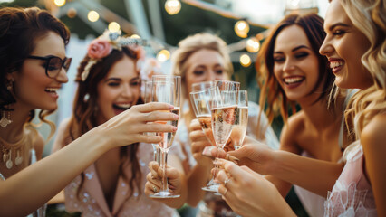 Joyous friends toast with champagne at a twilight garden party.