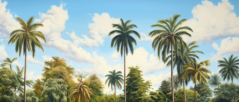 A painting of palm trees in a tropical 