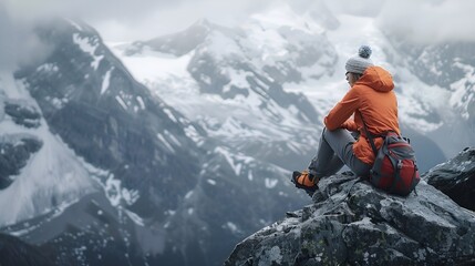 Scenery of a female climber sitting on a snowy mountain