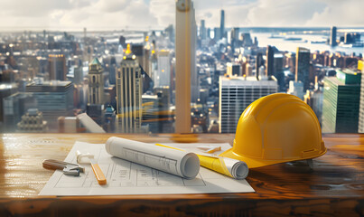Construction blueprints and a yellow helmet placed against a construction site background, represent the concepts of construction planning and workplace safety.
