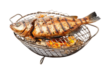 Grilled Fish Cooking on White Background. on a White or Clear Surface PNG Transparent Background.