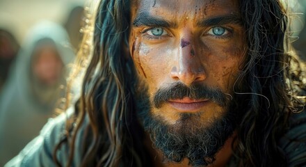 Portrait of Jesus Christ. Face of the son of god close up. Divine scripture concept. Bible times....