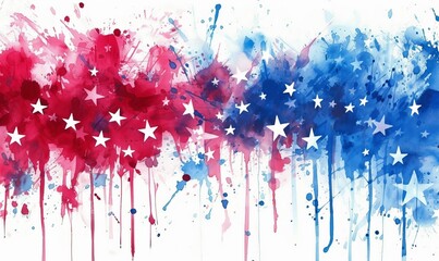 Fototapeta premium Watercolor splashes in red and blue colors with stars. USA national holiday concept background.