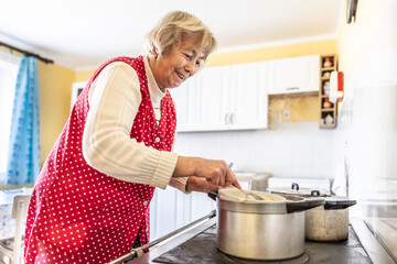 Grandma cooks bryndzove halusky, a traditional Slovak dish, on her old oven. A pensioner cooks food in her kitchen - 759567569