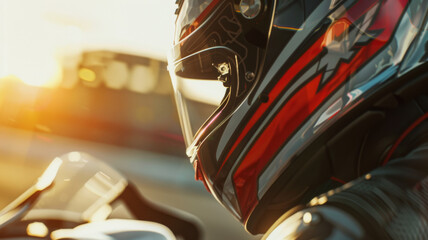 Close-up of a motorcyclist helmet with sun flare, embodying speed and adventure.