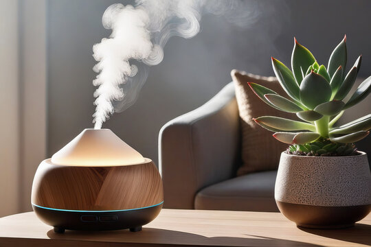Cozy and inviting atmosphere captured in a photo of an aroma lamp, essential oils, and an abundance of green houseplants in a domestic setting.