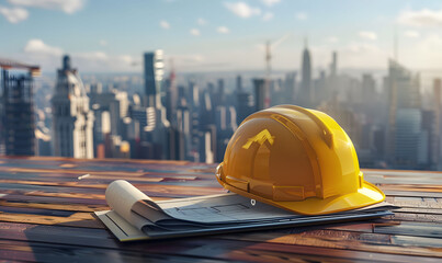 Construction blueprints and a yellow helmet placed against a construction site background, represent the concepts of construction planning and workplace safety.