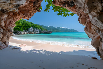 An archway rock formation and white sand beach are the background 9 - obrazy, fototapety, plakaty