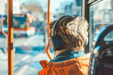 Rear view of a boy wearing headphones, sitting on a bus, engaged in listening to music or audio content during the journey.