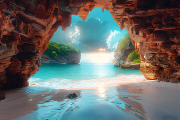 An archway rock formation and white sand beach are the background - obrazy, fototapety, plakaty