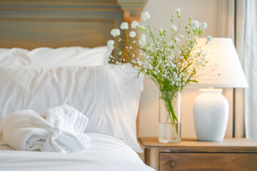 Bed with natural wood headboard, white sheets and bathrobe, next to a bedside table with white lamp and white flowers.