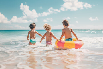 Three young children, immersed in play, frolic in the ocean with a floater on a bright and sunny day, enjoying the water and sandy beach. Copy space.
