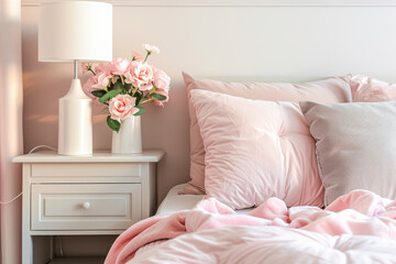Romantic pink bedside with pillows and roses in a vase. Concepts of romantic bedroom and hotel room. Copy space.