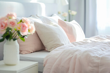A white bed neatly made with an array of pillows on top, adorned with a vase holding a variety of fresh flowers.