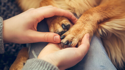 owner petting his dog, Hands holding paws dog are taking shake hand together while he is sleeping...