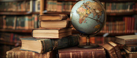 A pile of books with a globe on top of it. ..