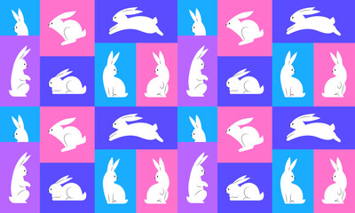 Seamless pattern with white bunny on vibrant geometric background. Collection of white rabbits in different poses. Vector illustration in minimalist flat style