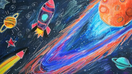 Child's Line Drawing of Outer Space Adventure Generative AI