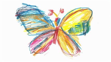 Crayon Drawing of a Child's Naive Butterfly on White Background Generative AI