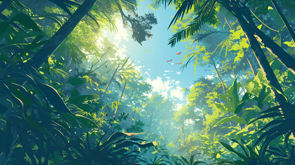 Fototapeta na wymiar illustration of beautiful forest flora, sunlight coming in