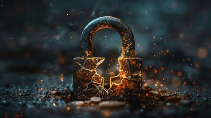Broken Lock: Graphic design featuring a broken padlock symbolizing a breached security system, with data leaking out, representing a data breach incident. - obrazy, fototapety, plakaty