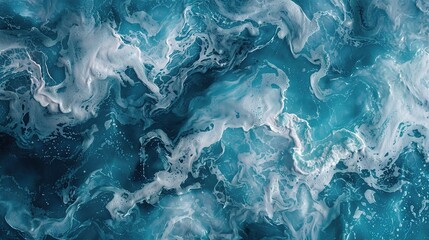 aerial view of turquoise ocean water with splashes and foam for abstract natural background and texture - obrazy, fototapety, plakaty