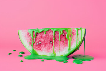 A watermelon slice dripping with green paint on a pink background,  minimal summer concept  in the...