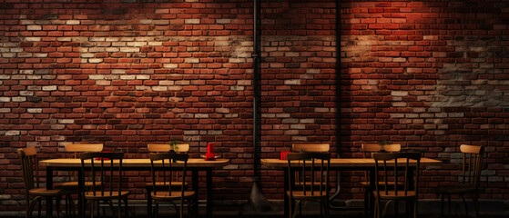 A restaurant with tables chairs and a brick wall. ..