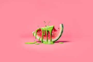 A watermelon slice dripping with green paint on a pink background,  minimal summer concept  in the style of pop art - obrazy, fototapety, plakaty
