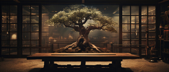 A room with a table benches and a tree in it. .. - obrazy, fototapety, plakaty