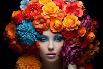 Female model with flowers in her face - generative ai