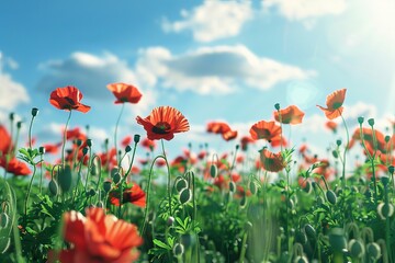 Obraz premium A field full of poppies under sunny blue sky. AI generative