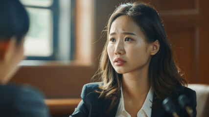 Obraz premium Concerned woman listens intently during a serious conversation, emotions visible.