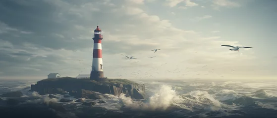 Rolgordijnen A seagull flying over a lighthouse in the ocean. .. © Black