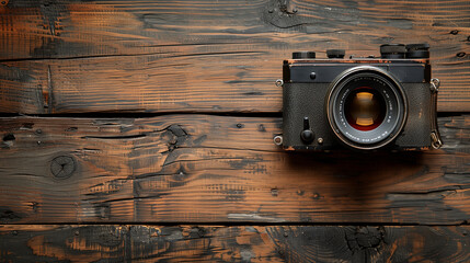Camera on a Vintage Wooden Wall Background, with Copy Space - Powered by Adobe