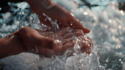 Fototapeta premium Close-up of hands catching pure, splashing water, symbolizing purity and life.