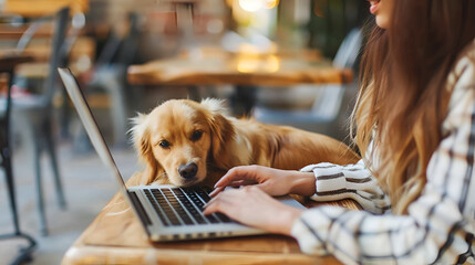 A serene golden retriever lies next to their owner, who is focused on typing on a laptop, depicting a comfortable work-from-home scene,international pet day
