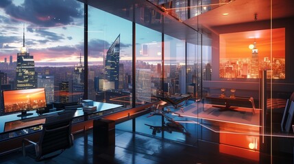 A sleek American retro-futuristic penthouse featuring AI-curated virtual art galleries