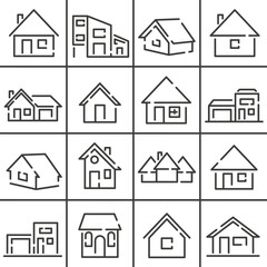 Houses and huts, dashed line vector icons. A collection of icons of houses. Vector huts. - obrazy, fototapety, plakaty