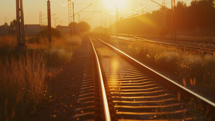 Obraz premium Tranquil sunset casting a warm glow over a deserted railway track.