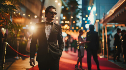 Dapper man in a tuxedo at a glamorous event, encapsulating red-carpet sophistication.