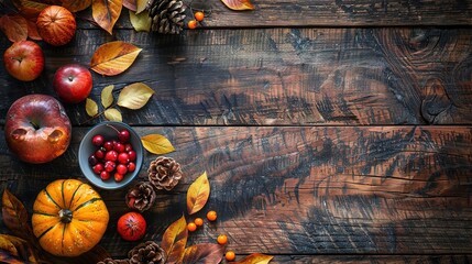 Autumn background from fallen leaves and fruits with vintage place setting on old wooden table.