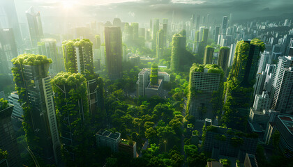 Obraz premium Spectacular eco-futuristic cityscape full of greenery and skyscrapers with manmade green spaces and parks in urban area, digital art 3d illustration