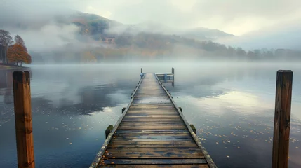 Raamstickers A landing jetty at Derwent water on a misty Autumn morning. Generative AI © Hokmiran
