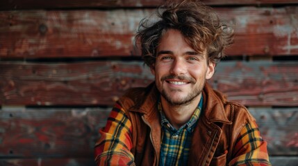 Handsome smiling, happy and pleased stoic man with positive vibes. Portrait of a joyful young man with beautiful hair and fashionable clothes.