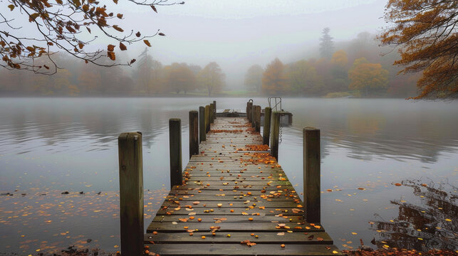 A landing jetty at Derwent water on a misty Autumn morning. Generative AI