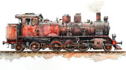 Naklejka premium A Watercolor of a Rustic Steam Locomotive Leaving a Country Stop, on White Background