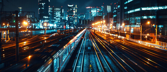Fototapeta na wymiar A train traveling down a train track at night with lights