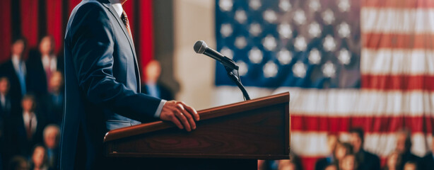Solemn Figure Delivering a Speech at the Podium, Embodying Leadership and Authority. A Symbolic American Flag Background Sets the Tone for a Momentous Occasion - obrazy, fototapety, plakaty