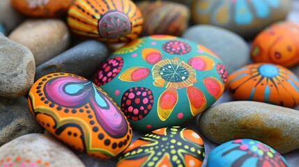 Fototapeta na wymiar A family day of rock painting, creating vibrant and cheerful designs on smooth stones.